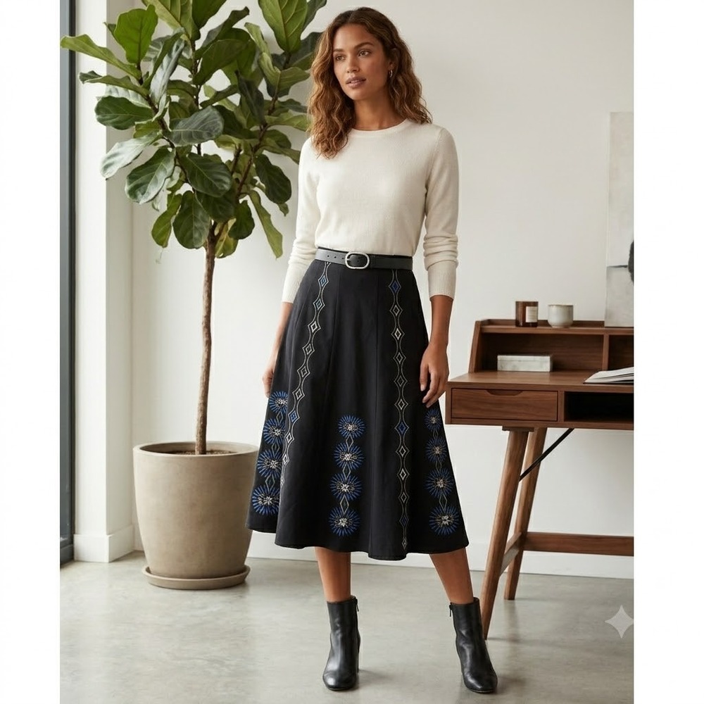 Sunny Leigh Skirt Women 16W Black Embroidered Floral A-Line Midi Boho Retro Folk